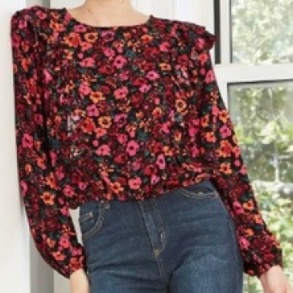Wild Fable Floral Long Sleeve Ruffle Blouse, Vivid Colors, Xs
